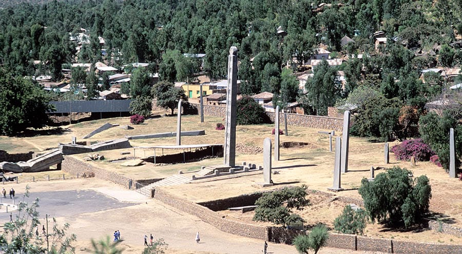 The Northern Stelae Field at Aksum, with King Ezana's Stele standing at left and the toppled, shattered Great Stele lying across the ground.