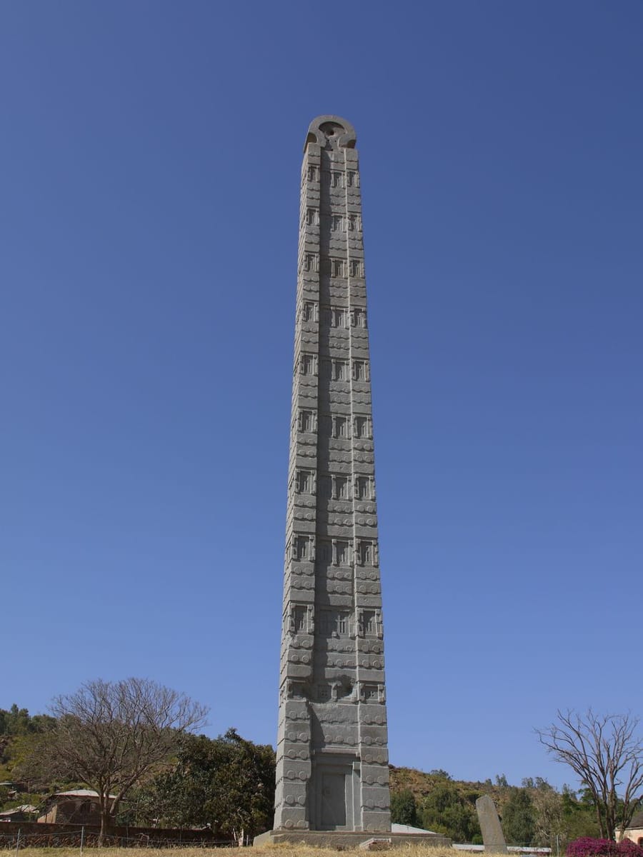 King Ezana's Stele, about 21 m tall, the largest of the Aksum stelae still standing intact on its original base.