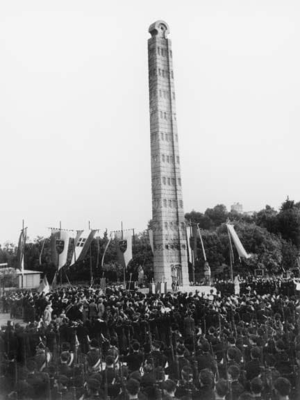 The Obelisk of Axum unveiled in Rome's Porta Capena square in 1937, after Fascist Italy looted it from Ethiopia as war booty.