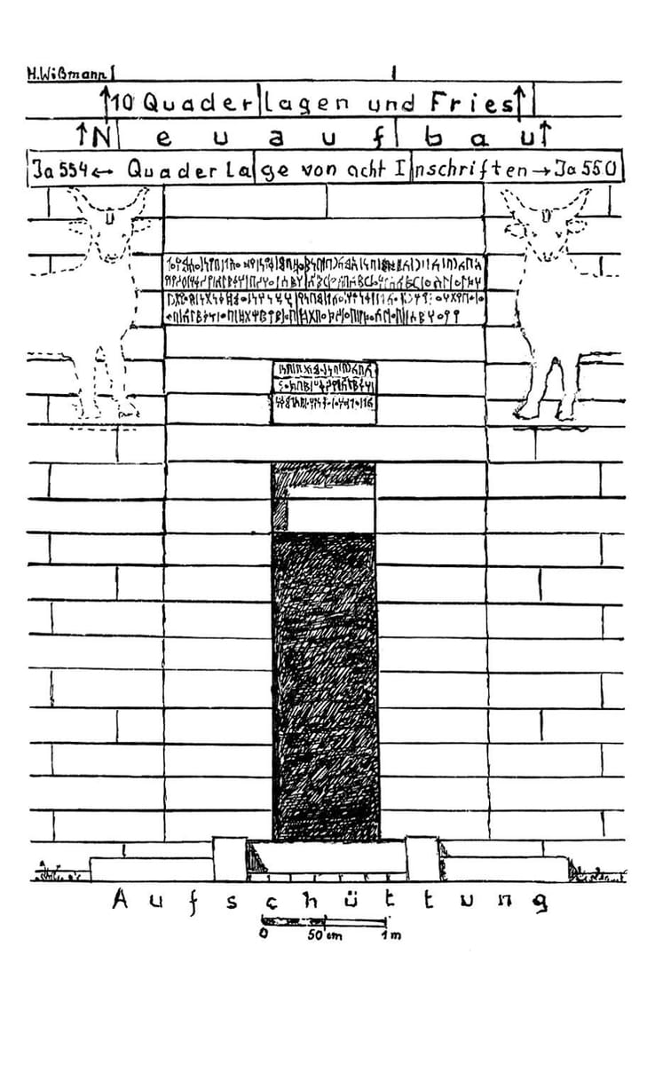 H. von Wissmann's 1982 archaeological reconstruction drawing of a stone course and inscribed frieze from the northwestern gate of the oval wall.