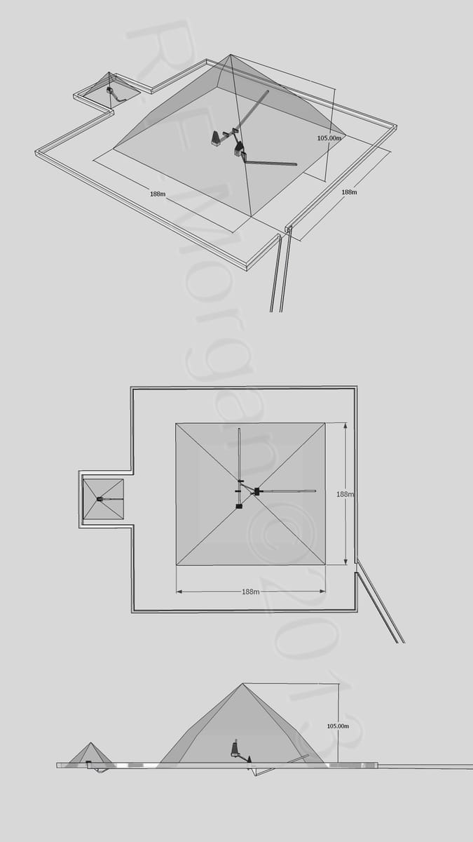 A cutaway and plan of the Bent Pyramid complex, showing the two independent internal systems reached from the northern and western entrances, and the change of slope in the outer profile.