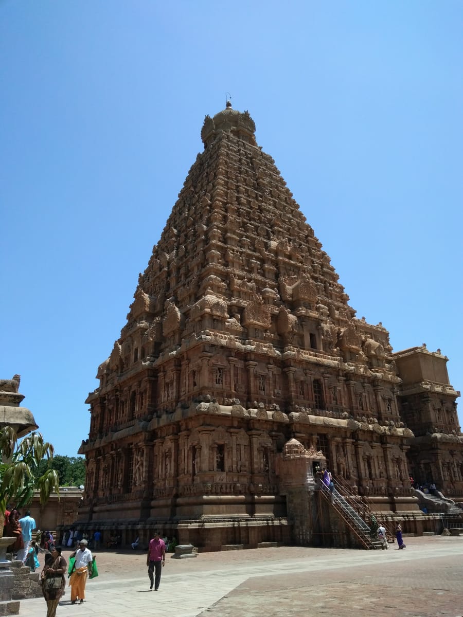 The main shrine and its towering vimana, built of fitted granite blocks without mortar.