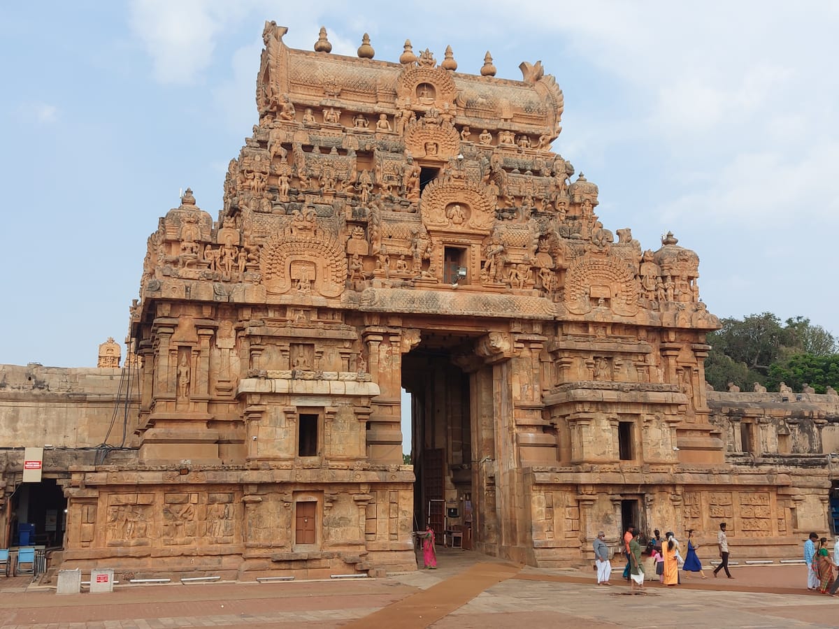 One of the temple's monumental gopuram gateways on the approach through the enclosure walls.