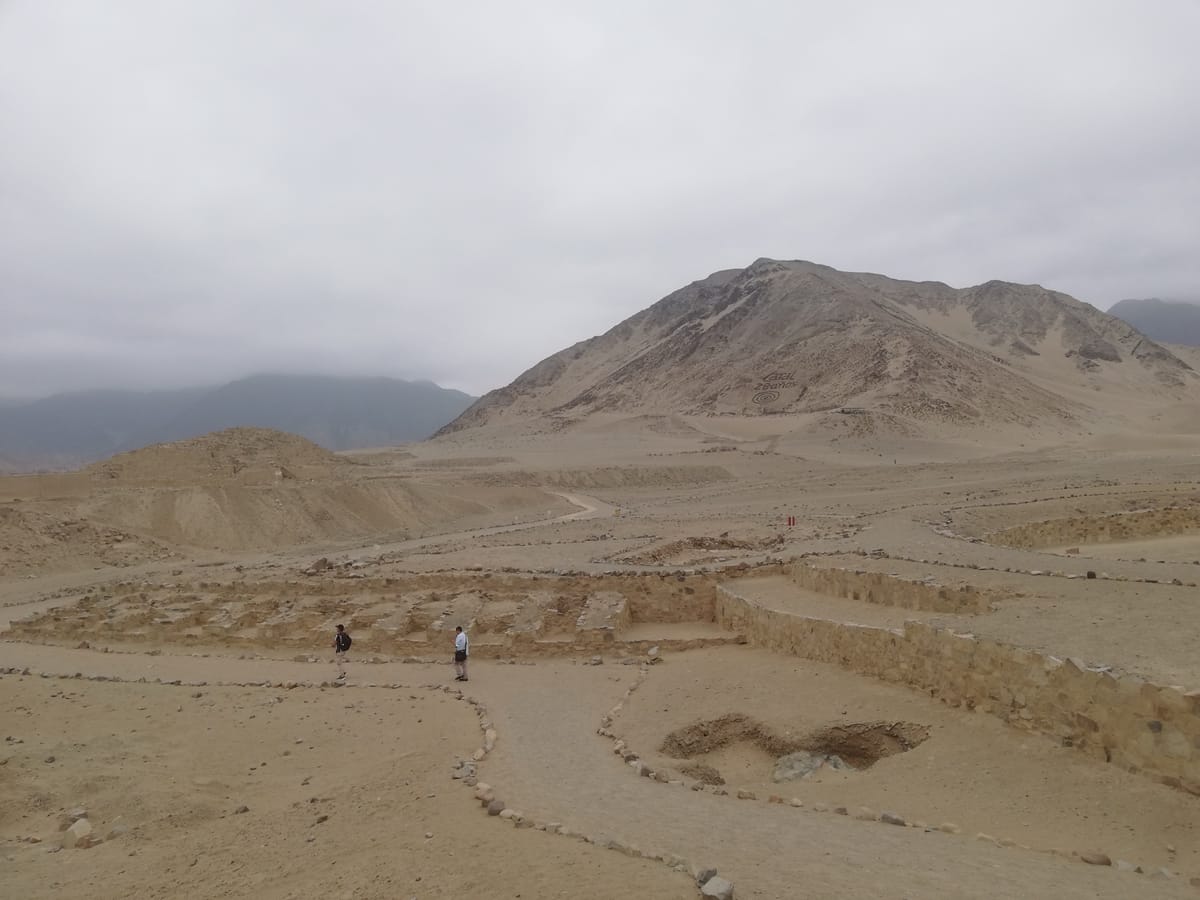 A sunken circular plaza at Caral, sunk below the ground surface in front of a major pyramid and used for communal gatherings and ritual.