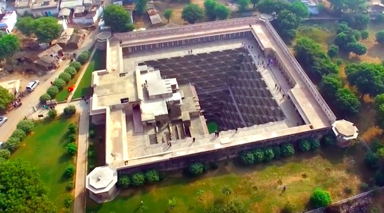 A view of the stepwell showing the pillared pavilion on the fourth side, once used as royal chambers.