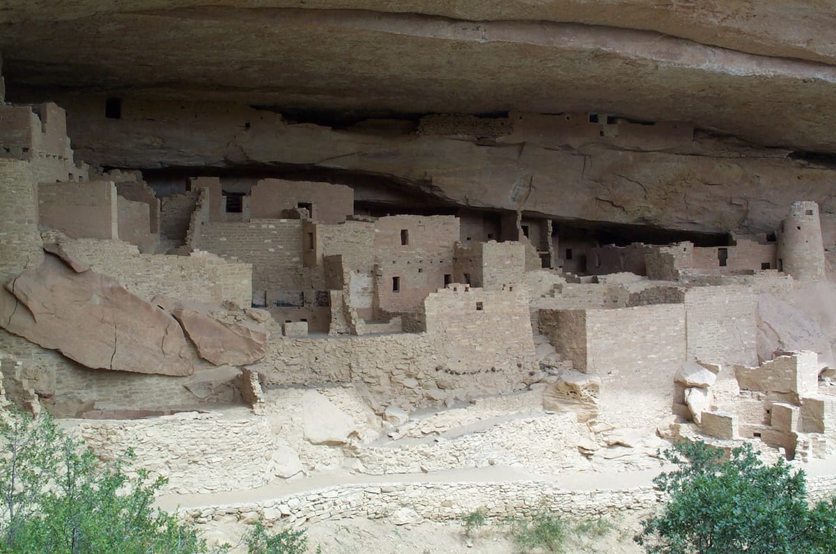 Cliff Palace seen from the canyon overlook, the whole settlement sheltered under a single sweeping arch of Cliff House sandstone.