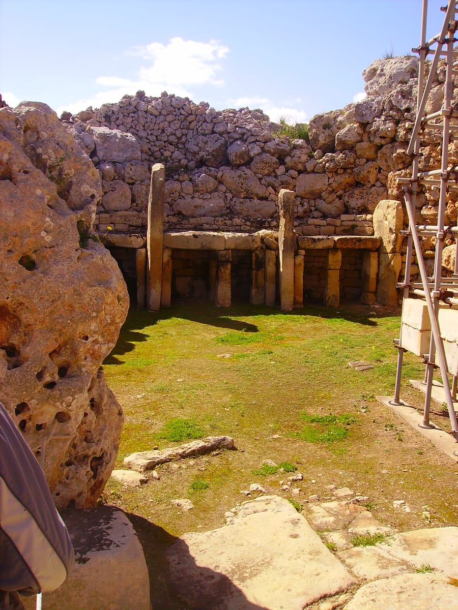 One of the interior altars within the Ġgantija temple, carved from softer globigerina limestone.
