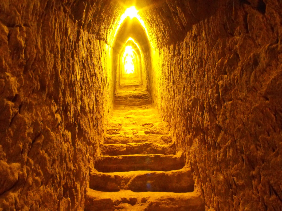 Inside one of the archaeological tunnels driven through the pyramid from 1931 onwards. Around 8 km were cut in total; about 800 metres are open to visitors.