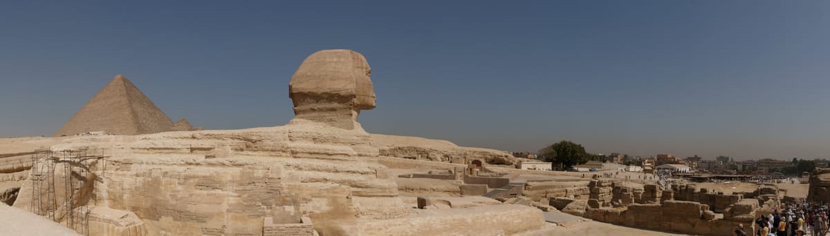 The Great Sphinx and the Great Pyramid together on the Giza plateau.