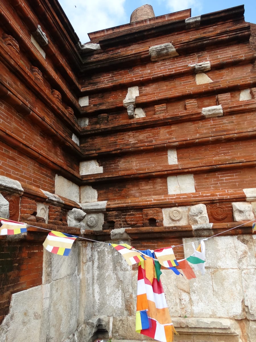 Close detail of the ancient brick coursing on a frontispiece, showing the very thin joints that characterise Anuradhapura-period brickwork.