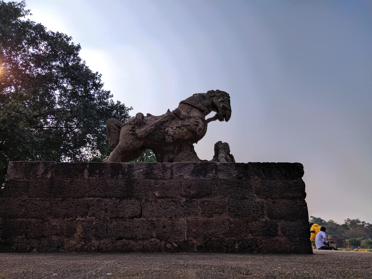 One of the great stone horses shown straining to draw the temple-chariot of the sun god forward across the sky.