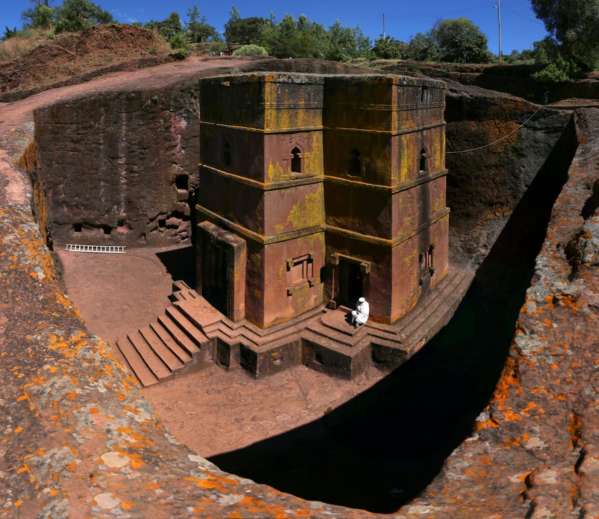 Bete Giyorgis seen from the rim of its carved trench, showing the church's isolation from the surrounding rock.