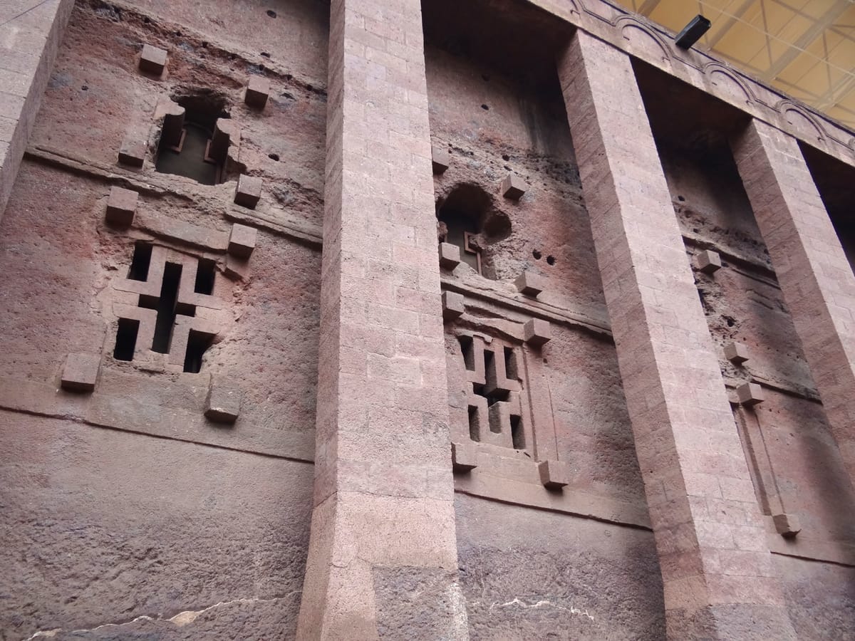 The facade of Bete Medhane Alem, believed to be the largest monolithic rock-hewn church in the world.