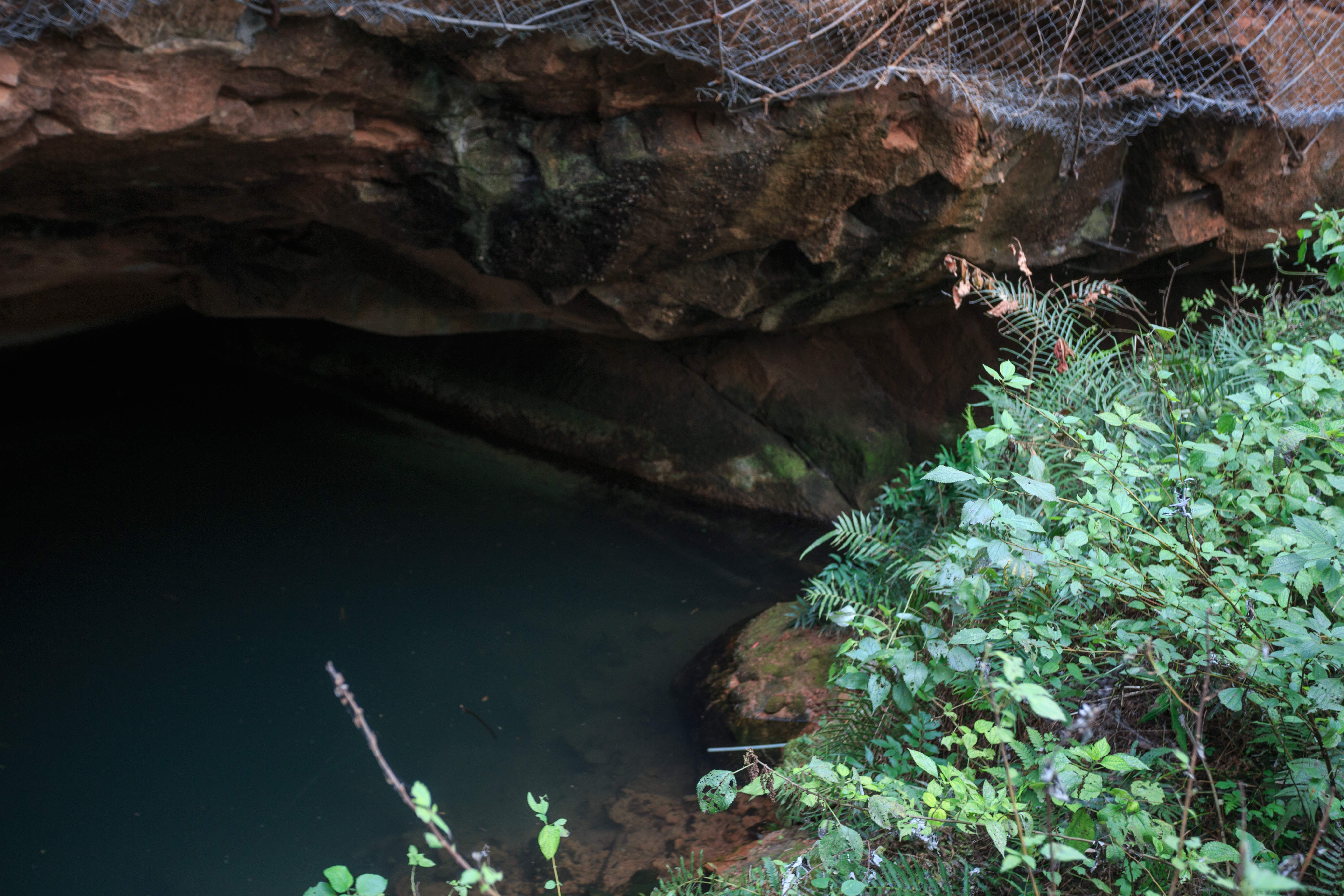 One of the water-filled entrance pits at the Longyou Caves site — the kind of pond that villagers were draining in 1992 when they discovered the caverns beneath.