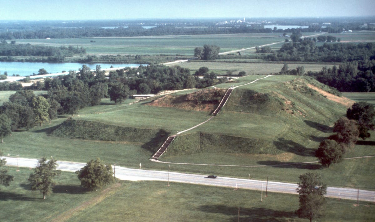 Aerial view of Monks Mound along Illinois' Great River Road, showing its scale relative to the surrounding floodplain.