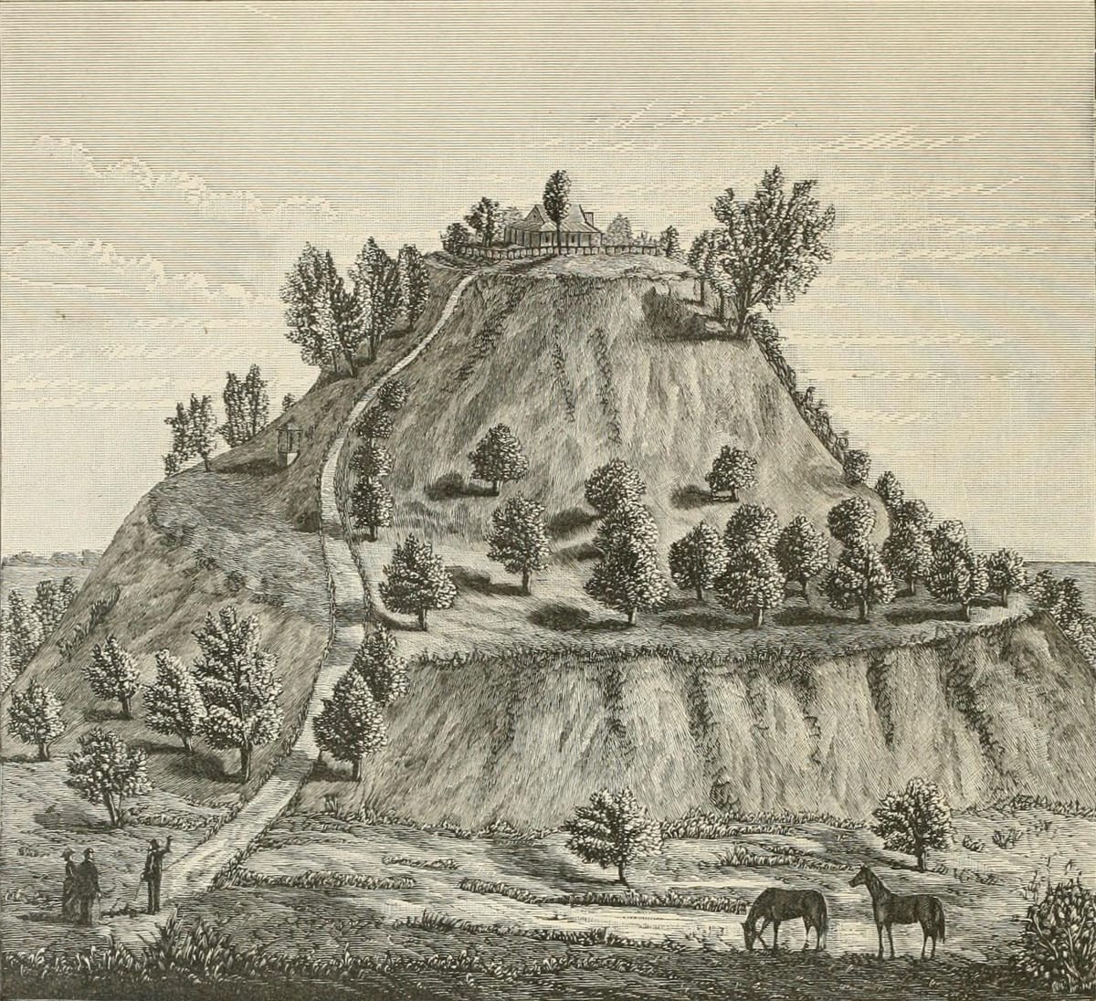 An 1882 illustration of Monks Mound by William McAdams, from an era when the earthwork's Native American origins were still being publicly disputed.