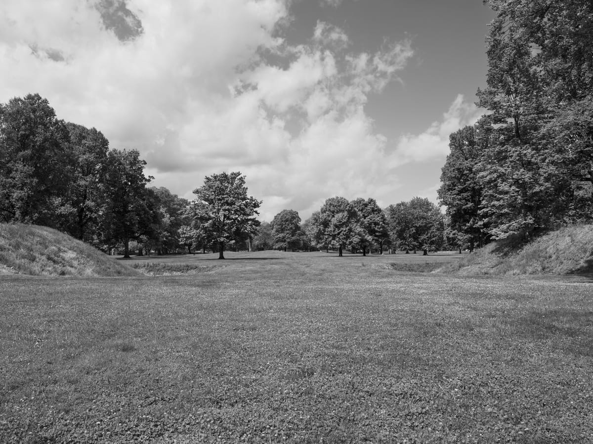 Inside the Great Circle Earthworks. The encircling embankment rises up to eight feet, with its ditch on the inner side — a layout that marks the enclosure as ceremonial, not defensive.