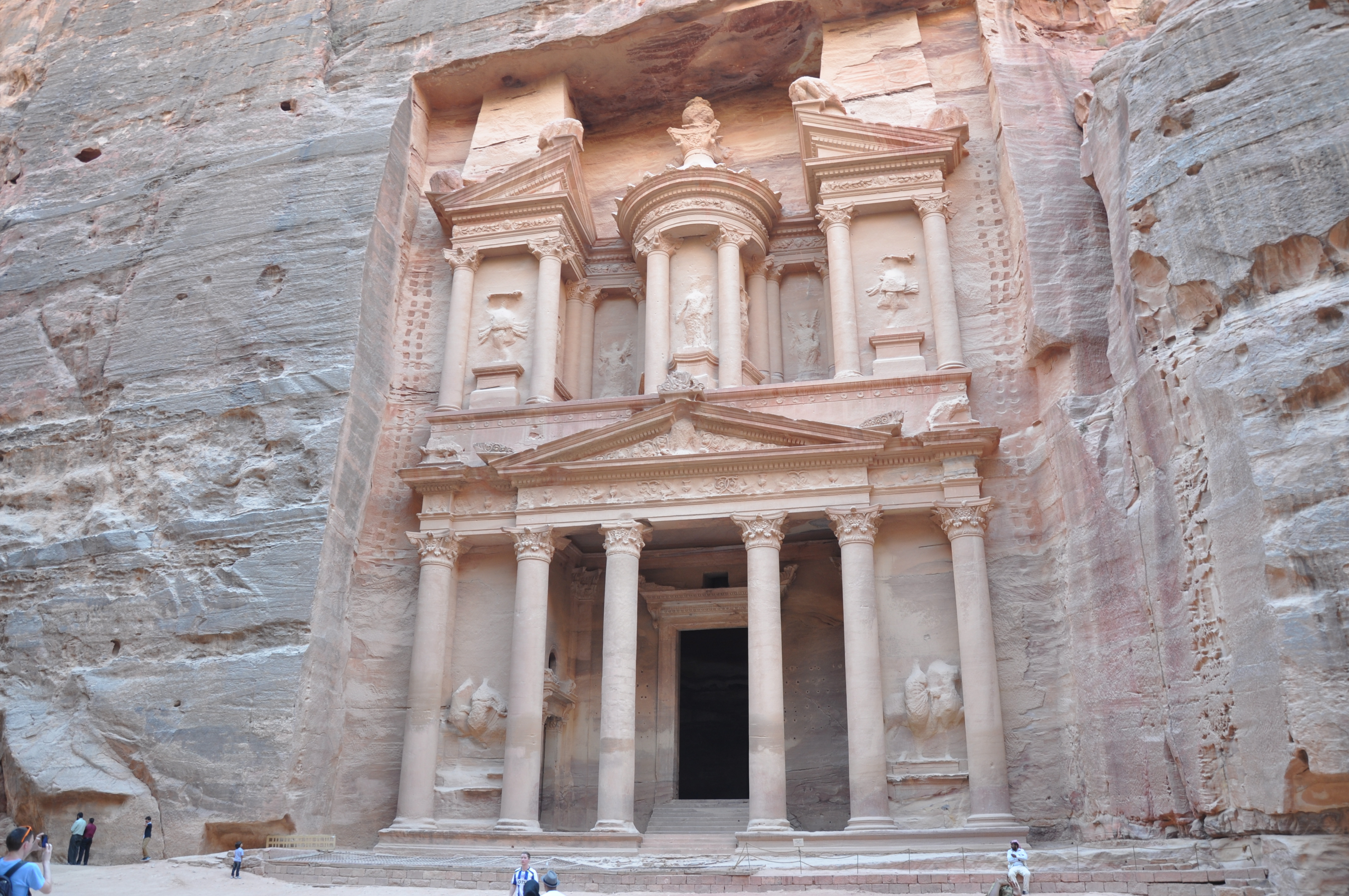 A closer view of the Treasury's ornate two-story facade, carved from a single mass of rock.
