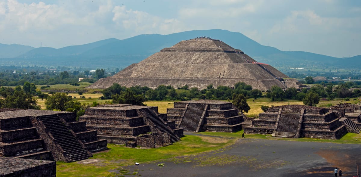 The Pyramid of the Sun seen from the Pyramid of the Moon, showing its scale relative to the wider ceremonial city.