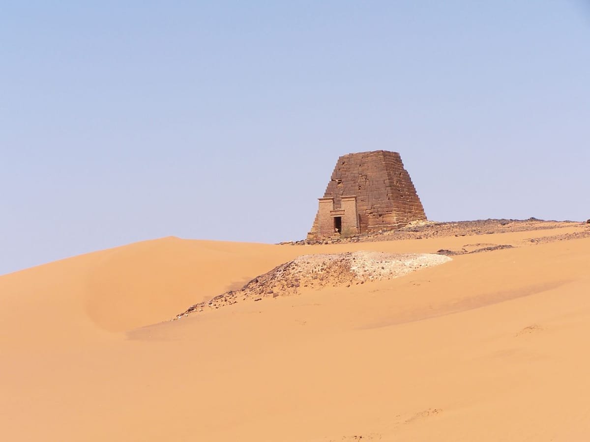 The ruined pyramid N56 in the foreground, with the more intact N22 behind it, at Meroë's Northern Cemetery.
