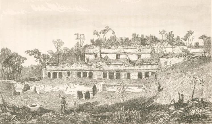 Frederick Catherwood's 1841 view of the palace, drawn when the site was known to outsiders as 'Zayi' and the ranges still stood clear of the forest.