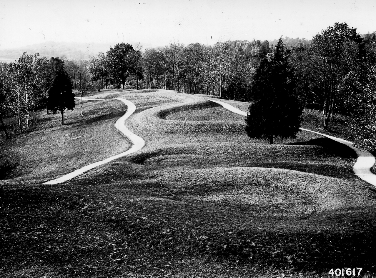 Ground-level view of the serpent's winding coils at Serpent Mound State Memorial, photographed in 1940.