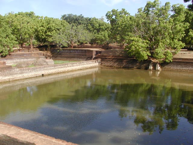 Part of Sigiriya's symmetrical water gardens, fed by gravity from a reservoir set at higher elevation than the pools.