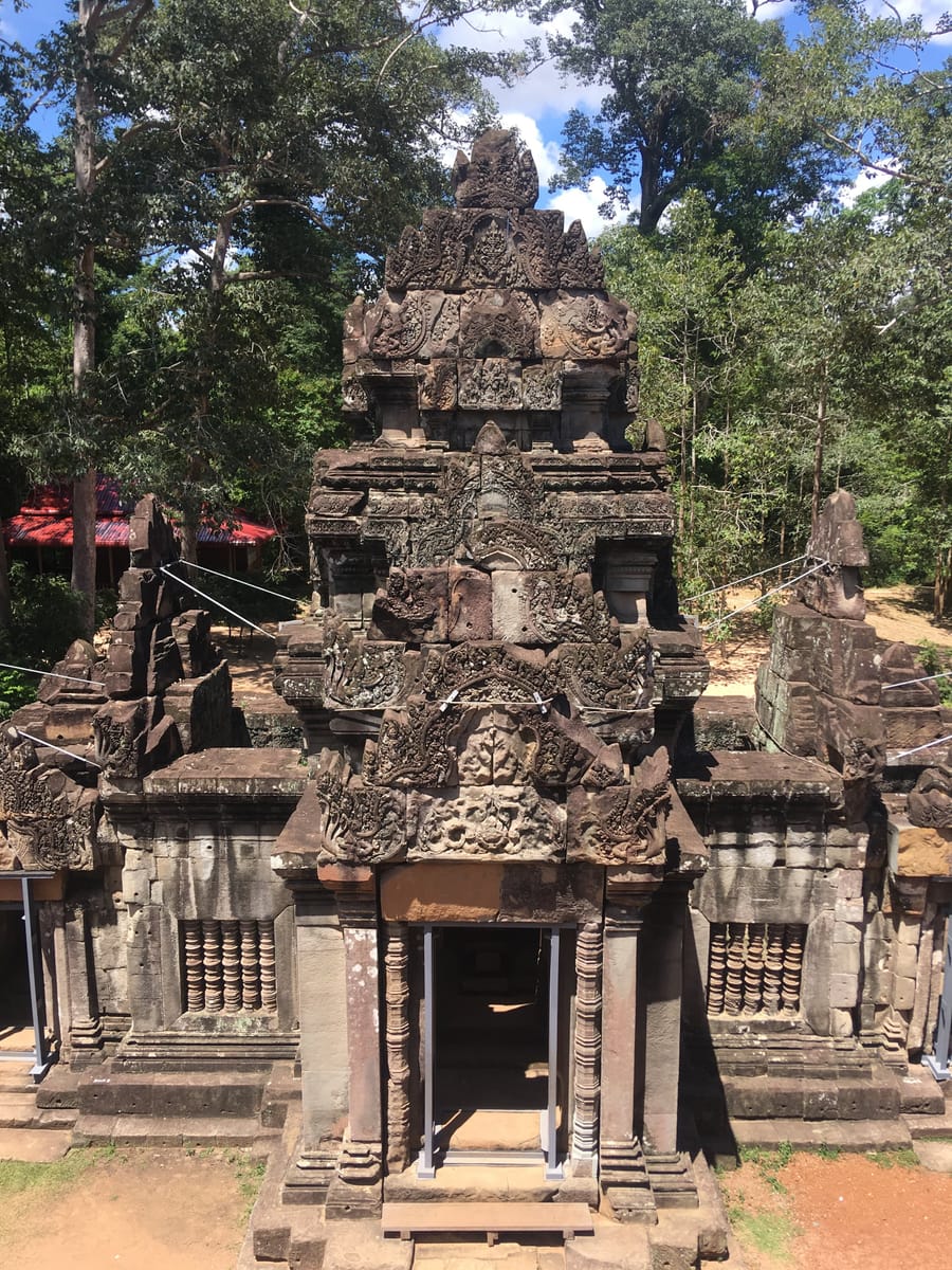 One of Ta Keo's gopura (gate towers), showing the rare carved decoration that was completed before work stopped.
