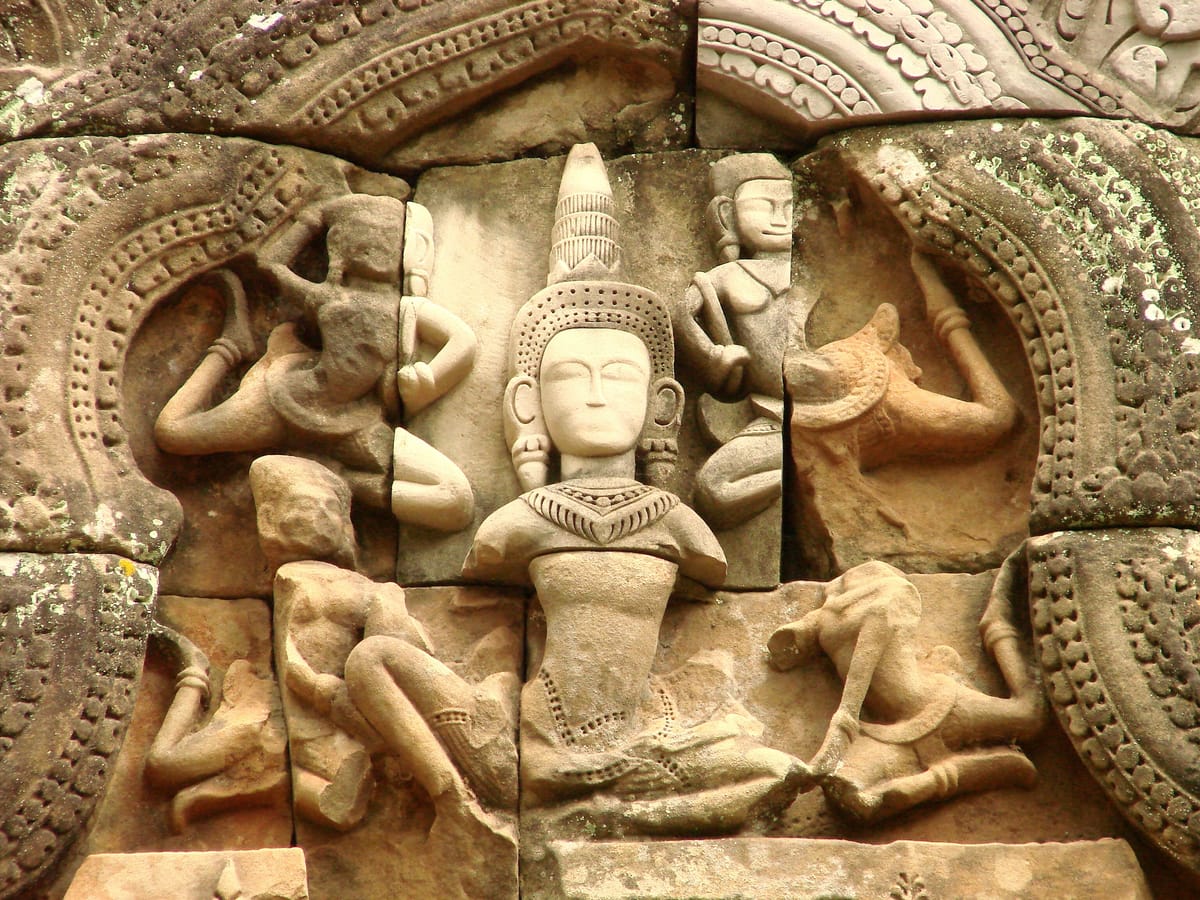 A close-up of finished relief carving at Ta Keo — a preview of the decoration the rest of the temple never received.