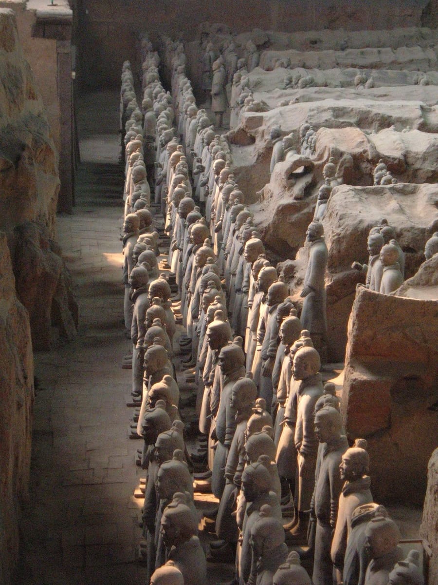 The front rank of the army in Pit 1, the largest of the three pits, where infantry stand in ordered columns facing east.