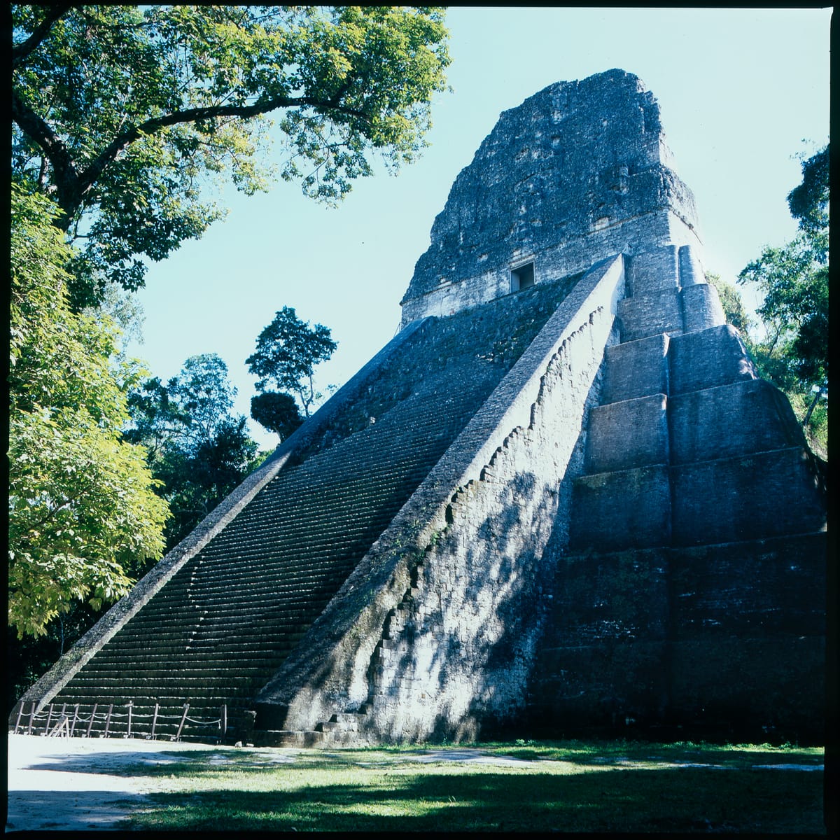 The rounded, inset corners are visible on the right-hand terraces — a feature that appears on no other major temple at Tikal. The 12.5-metre roof comb dwarfs the tiny doorway beneath it.