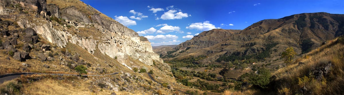 A panoramic view of the Vardzia complex, stretching roughly 500 metres along the mountainside.