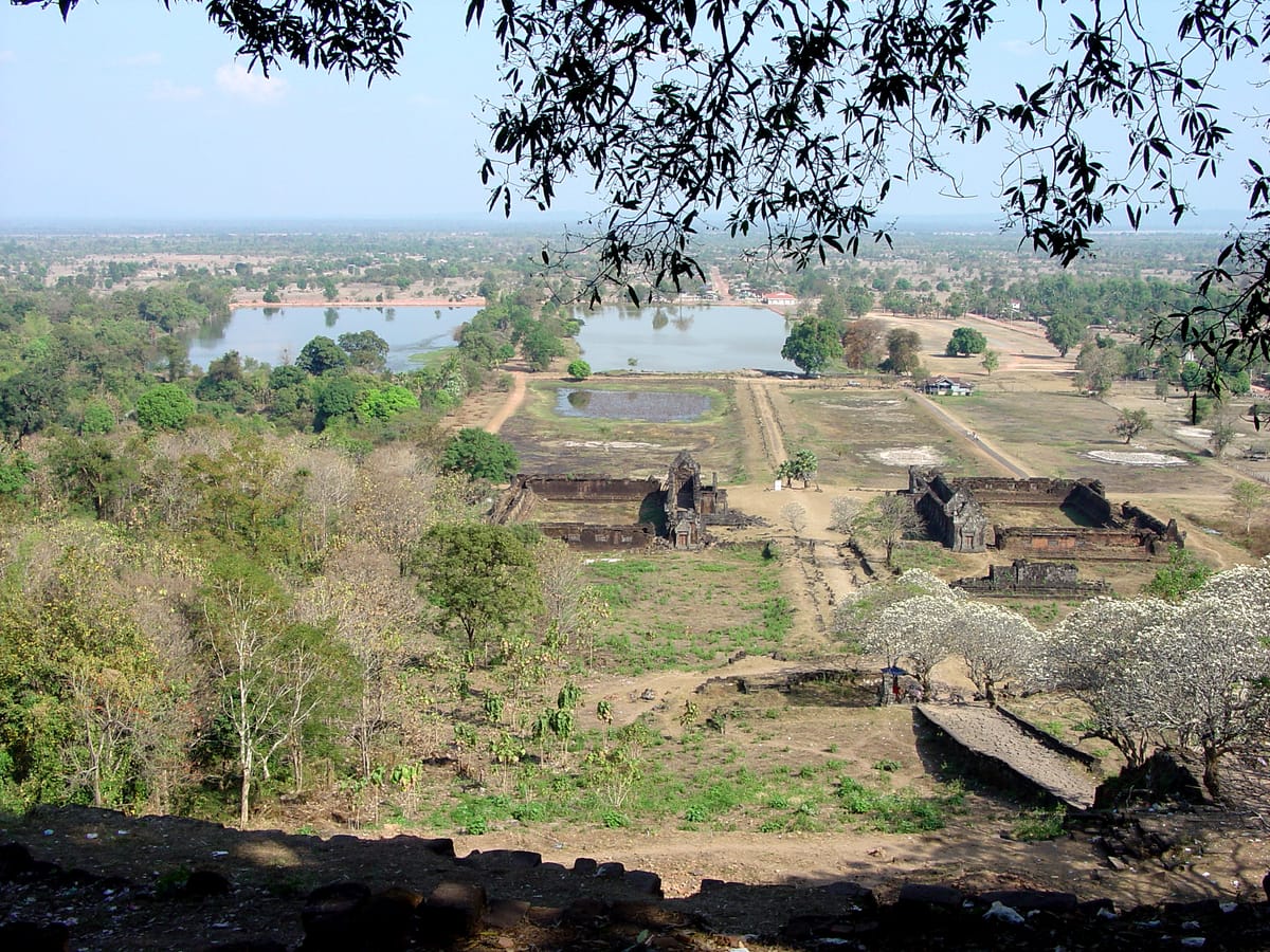 The view east from the sanctuary along the temple's axis toward the two ancient reservoirs (barays) and, beyond, the Mekong plain.