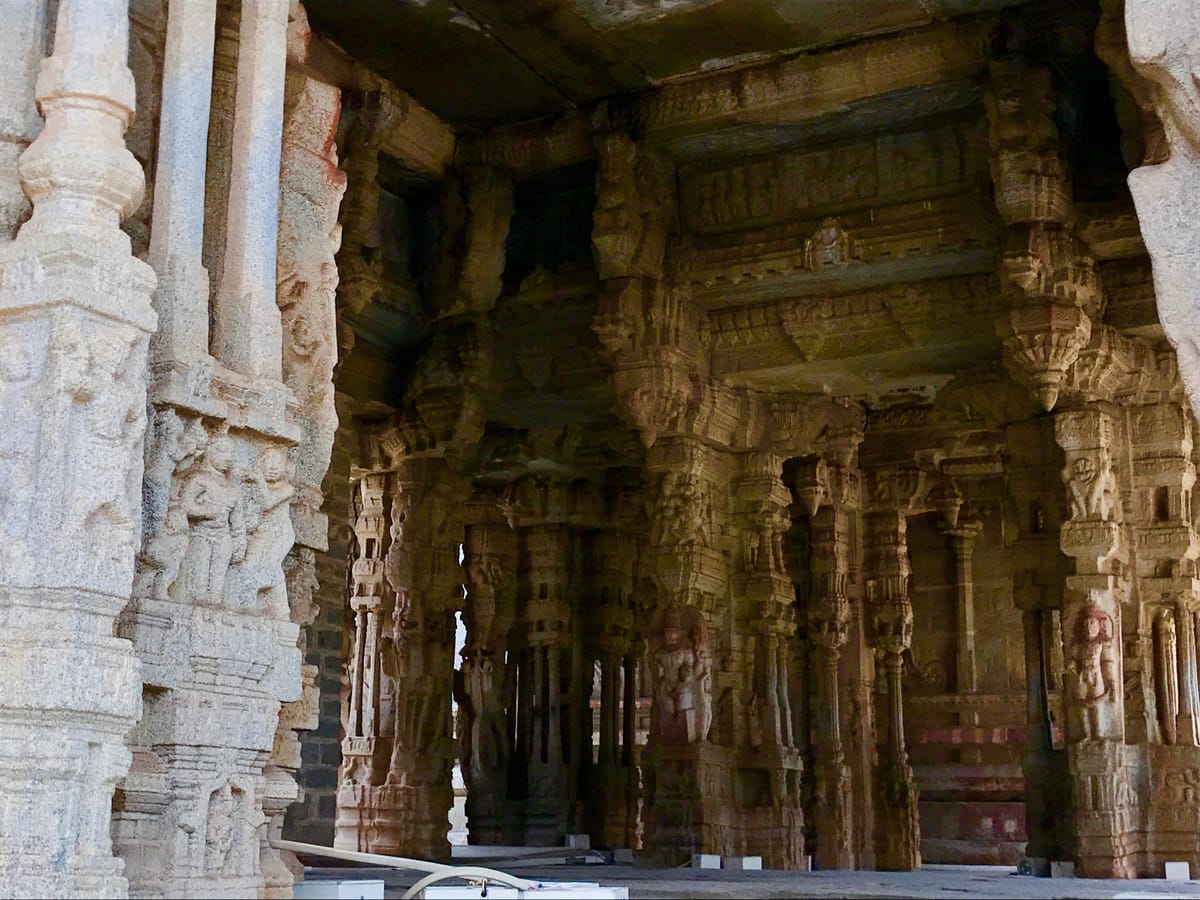 Inside the great pillared hall (maha mantapa), whose slender clustered granite columns are the celebrated 'musical' pillars said to sound the notes of the Indian scale.