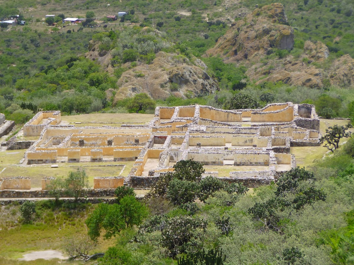 The civic centre seen from the Fortaleza, the cliff-top citadel above the site. The rocky prominence is walled where it is not already vertical.
