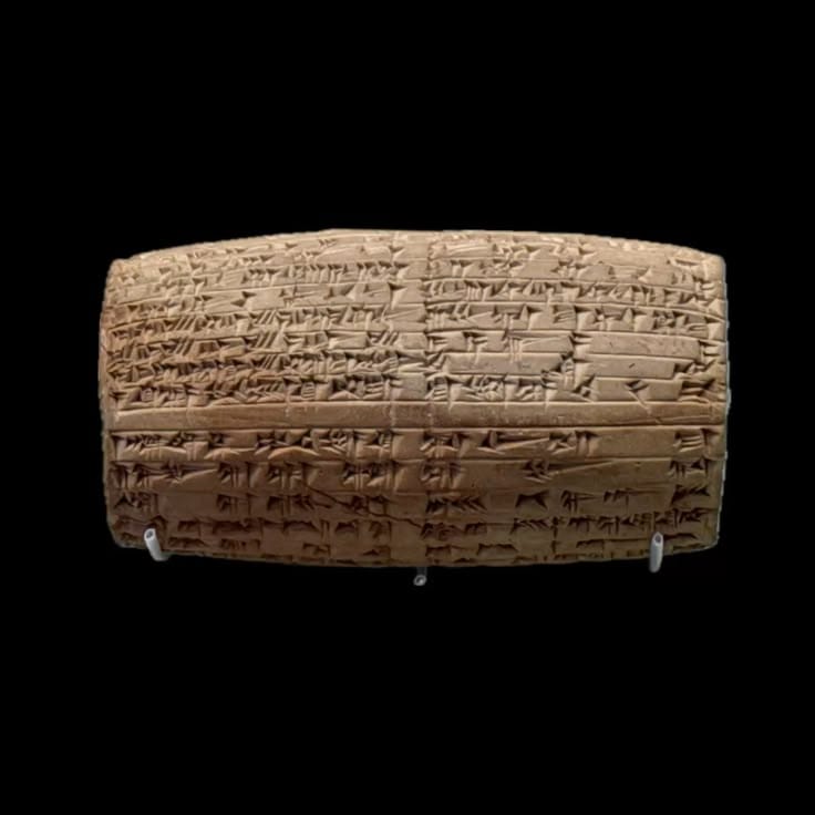 A clay cylinder of Nabonidus, last king of Babylon (r. 556–539 BCE), recording his repair of the ziggurat at Ur — a restoration report filed roughly 1,500 years after the building went up, naming Ur-Nammu and Shulgi as its original builders.