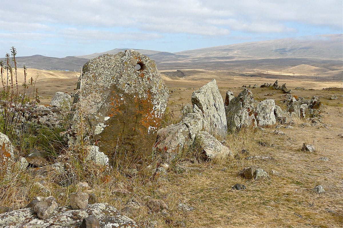 A standing stone at Zorats Karer with its characteristic hole, photographed in 2008.